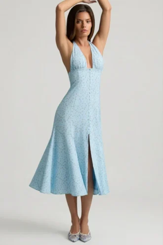 Robe mi-longue à dos nu Elonia à imprimé floral bleu