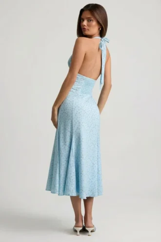 Robe mi-longue à dos nu Elonia à imprimé floral bleu