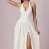 Robe mi-longue à dos nu en modal broderie anglaise Farrah, blanche Robe mi-longue à dos nu en modal broderie anglaise Farrah, blanche