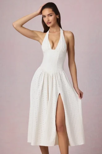 Robe mi-longue à dos nu en modal broderie anglaise Farrah, blanche