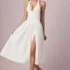 Robe mi-longue à dos nu en modal broderie anglaise Farrah, blanche Robe mi-longue à dos nu en modal broderie anglaise Farrah, blanche