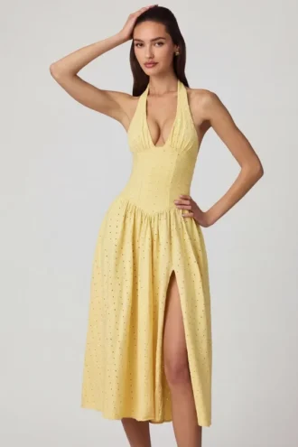 Robe mi-longue à dos nu en modal et broderie anglaise Farrah, jaune citron