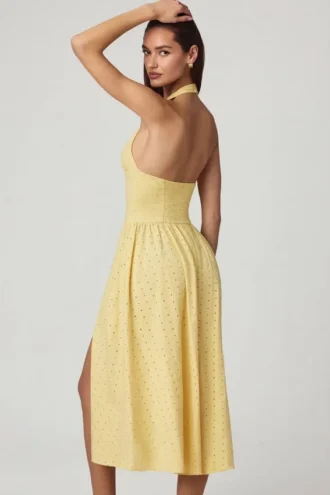 Robe mi-longue à dos nu en modal et broderie anglaise Farrah, jaune citron