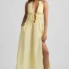 Robe mi-longue dos nu en popeline de coton Aeris, jaune citron Robe mi-longue dos nu en popeline de coton Aeris, jaune citron