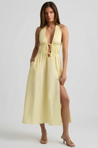 Robe mi-longue dos nu en popeline de coton Aeris, jaune citron Robe mi-longue dos nu en popeline de coton Aeris, jaune citron