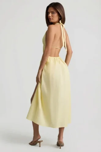 Robe mi-longue dos nu en popeline de coton Aeris, jaune citron Robe mi-longue dos nu en popeline de coton Aeris, jaune citron