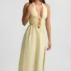Robe mi-longue dos nu en popeline de coton Aeris, jaune citron Robe mi-longue dos nu en popeline de coton Aeris, jaune citron