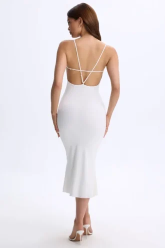 Robe mi-longue à dos nu et décolleté plongeant Lois en modal blanc