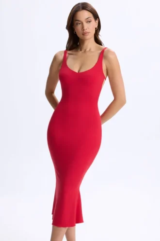 Robe mi-longue à dos nu et décolleté plongeant Lois en modal, rouge cerise