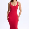 Robe mi-longue à dos nu et décolleté plongeant Lois en modal, rouge cerise Robe mi-longue à dos nu et décolleté plongeant Lois en modal, rouge cerise