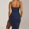 Robe mi-longue drapée à corset et ornements Eliora, bleu nuit Robe mi-longue drapée à corset et ornements Eliora, bleu nuit