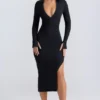 Robe mi-longue à encolure en V plongeante Yael en modal noir Robe mi-longue à encolure en V plongeante Yael en modal noir