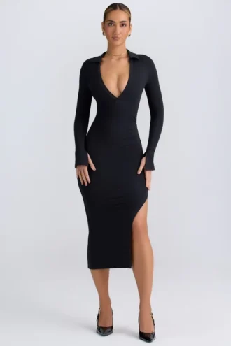 Robe mi-longue à encolure en V plongeante Yael en modal noir