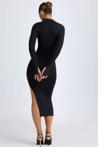 Robe mi-longue à encolure en V plongeante Yael en modal noir