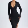 Robe mi-longue à encolure en V plongeante Yael en modal noir Robe mi-longue à encolure en V plongeante Yael en modal noir