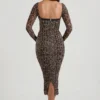 Robe mi-longue froncée à détails de soutien-gorge superposés Deliana, imprimé léopard Robe mi-longue froncée à détails de soutien-gorge superposés Deliana, imprimé léopard