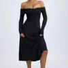 Robe mi-longue froncée à épaules dénudées Noelle en modal noir Robe mi-longue froncée à épaules dénudées Noelle en modal noir