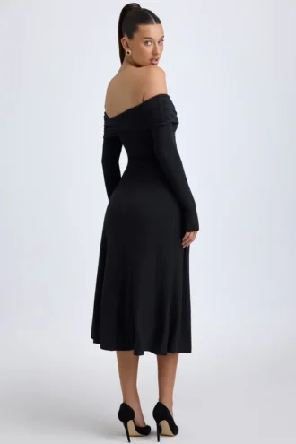 Robe mi-longue froncée à épaules dénudées Noelle en modal noir
