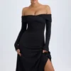 Robe mi-longue froncée à épaules dénudées Noelle en modal noir Robe mi-longue froncée à épaules dénudées Noelle en modal noir