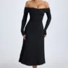 Robe mi-longue froncée à épaules dénudées Noelle en modal noir Robe mi-longue froncée à épaules dénudées Noelle en modal noir
