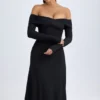 Robe mi-longue froncée à épaules dénudées Noelle en modal noir Robe mi-longue froncée à épaules dénudées Noelle en modal noir