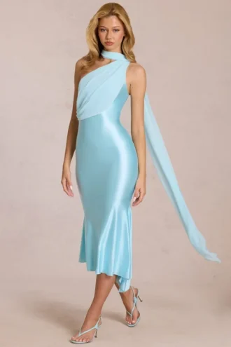 Robe mi-longue Giada à détails de foulard, couleur aqua pâle