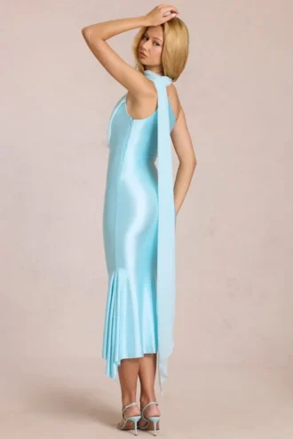 Robe mi-longue Giada à détails de foulard, couleur aqua pâle