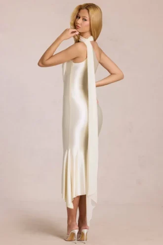 Robe mi-longue Giada à détails foulard, couleur ivoire