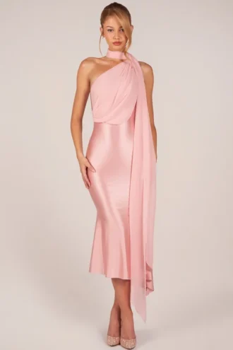 Robe mi-longue Giada à détails foulard en rose poudré