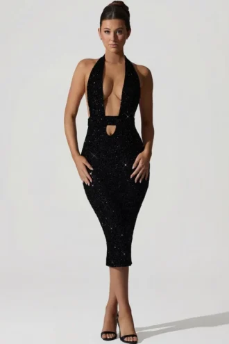 Robe mi-longue Harlyn à découpes et dos nu, noire