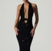 Robe mi-longue Harlyn à découpes et dos nu, noire Robe mi-longue Harlyn à découpes et dos nu, noire