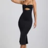 Robe mi-longue Julane en jersey moulant froncé et ajouré, couleur noir