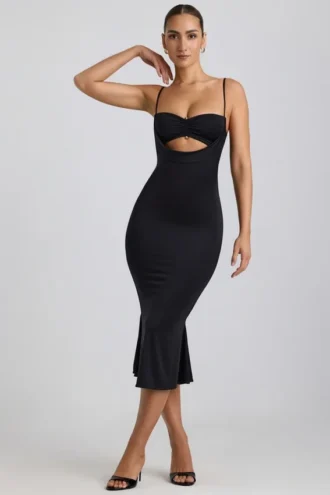 Robe mi-longue Julane en jersey moulant froncé et ajouré, couleur noir