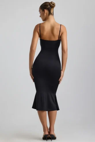 Robe mi-longue Julane en jersey moulant froncé et ajouré, couleur noir
