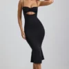 Robe mi-longue Julane en jersey moulant froncé et ajouré, couleur noir