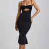Robe mi-longue Julane en jersey moulant froncé et ajouré, couleur noir
