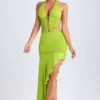 Robe mi-longue Manami asymétrique à découpes et col licou, vert citron Robe mi-longue Manami asymétrique à découpes et col licou, vert citron