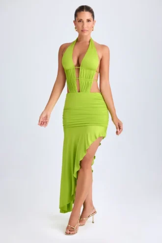 Robe mi-longue Manami asymétrique à découpes et col licou, vert citron