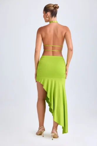 Robe mi-longue Manami asymétrique à découpes et col licou, vert citron