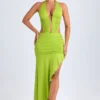 Robe mi-longue Manami asymétrique à découpes et col licou, vert citron Robe mi-longue Manami asymétrique à découpes et col licou, vert citron