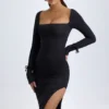 Robe mi-longue à manches longues et encolure carrée Sawyer en modal, noir Robe mi-longue à manches longues et encolure carrée Sawyer en modal, noir