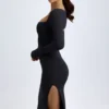Robe mi-longue à manches longues et encolure carrée Sawyer en modal, noir Robe mi-longue à manches longues et encolure carrée Sawyer en modal, noir