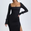 Robe mi-longue à manches longues et encolure carrée Sawyer en modal, noir Robe mi-longue à manches longues et encolure carrée Sawyer en modal, noir