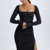 Robe mi-longue à manches longues et encolure carrée Sawyer en modal, noir Robe mi-longue à manches longues et encolure carrée Sawyer en modal, noir