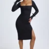 Robe mi-longue à manches longues et encolure carrée Sawyer en modal, noir Robe mi-longue à manches longues et encolure carrée Sawyer en modal, noir