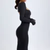 Robe mi-longue à manches longues et encolure carrée Sawyer en modal, noir Robe mi-longue à manches longues et encolure carrée Sawyer en modal, noir