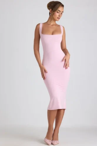 Robe mi-longue Navi en modal avec bordure en dentelle, rose pâle