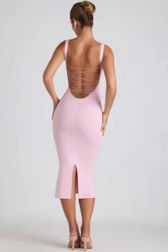 Robe mi-longue Navi en modal avec bordure en dentelle, rose pâle