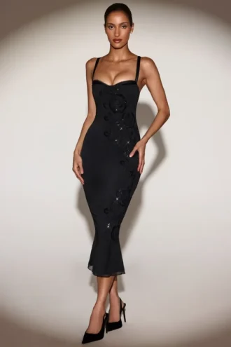 Robe mi-longue à ourlet évasé et découpe « peekaboo » Cherelle, noire