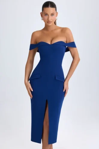 Robe mi-longue à épaules dénudées Rasine en bleu marine